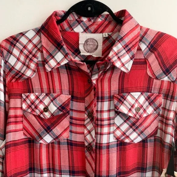 Ash & Ember Avalon Houston Fitted Plaid Flannel Shirt Red Size Small - Picture 3 of 15